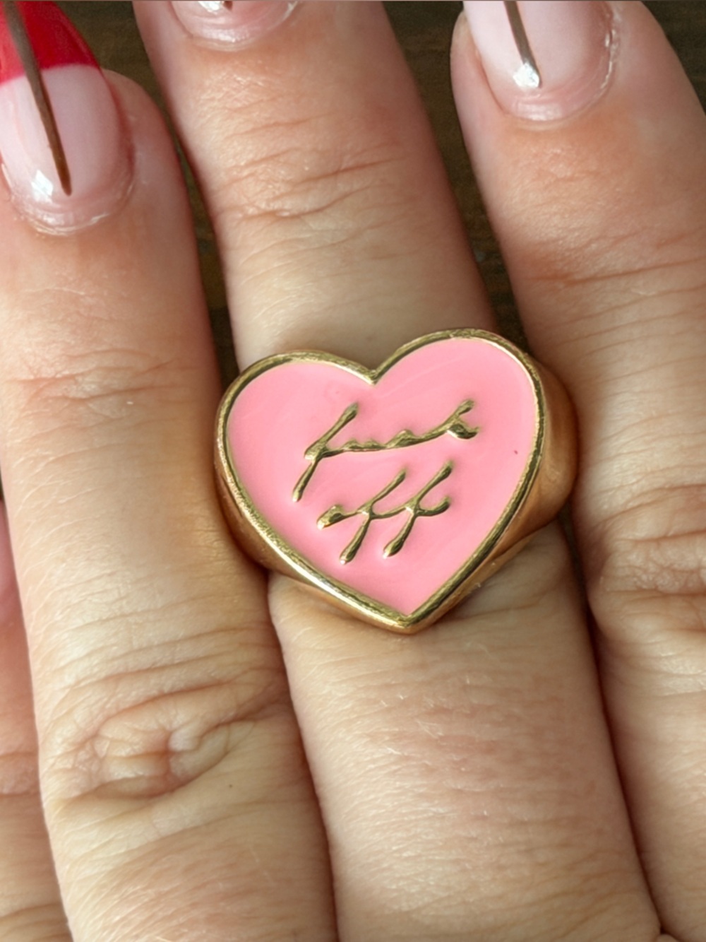 Gold-Tone Pink Heart Signet Ring Size 8